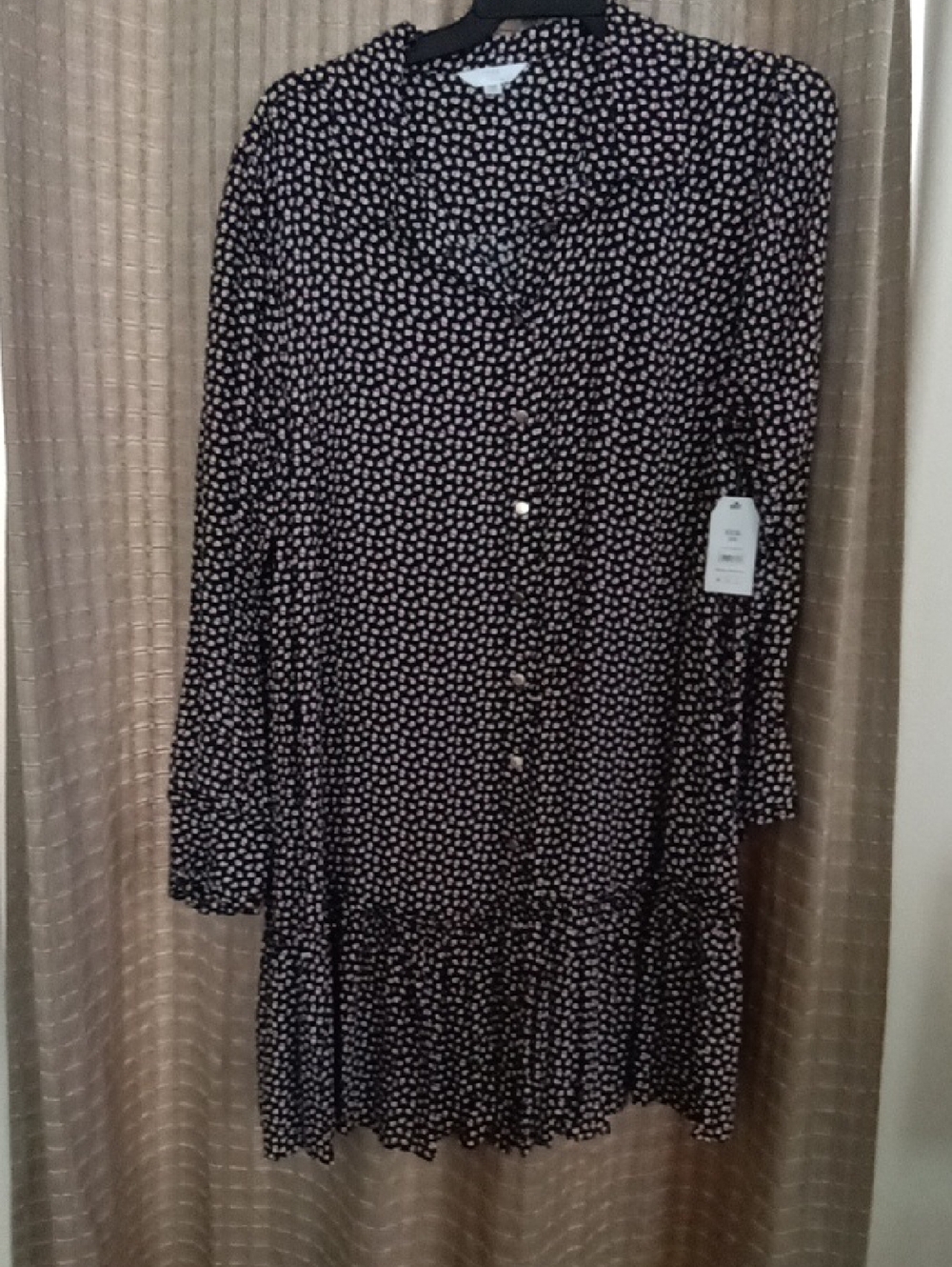 Time & True Long Sleeve Black Dress with Pink Dot Print Mini Soft Ruffle Bottom